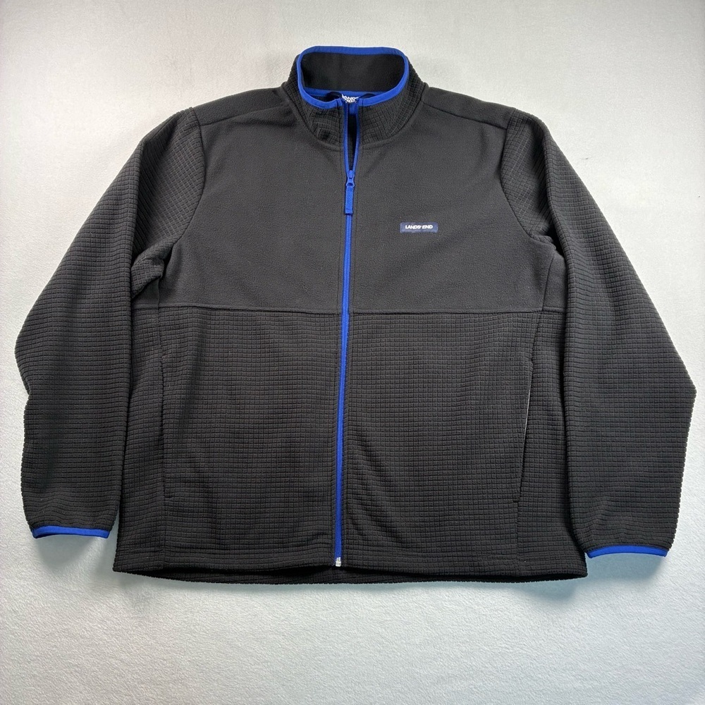 Lands’ End Mens Fleece Jacket Black Blue Trim Stand Collar Full Zip XL Pockets